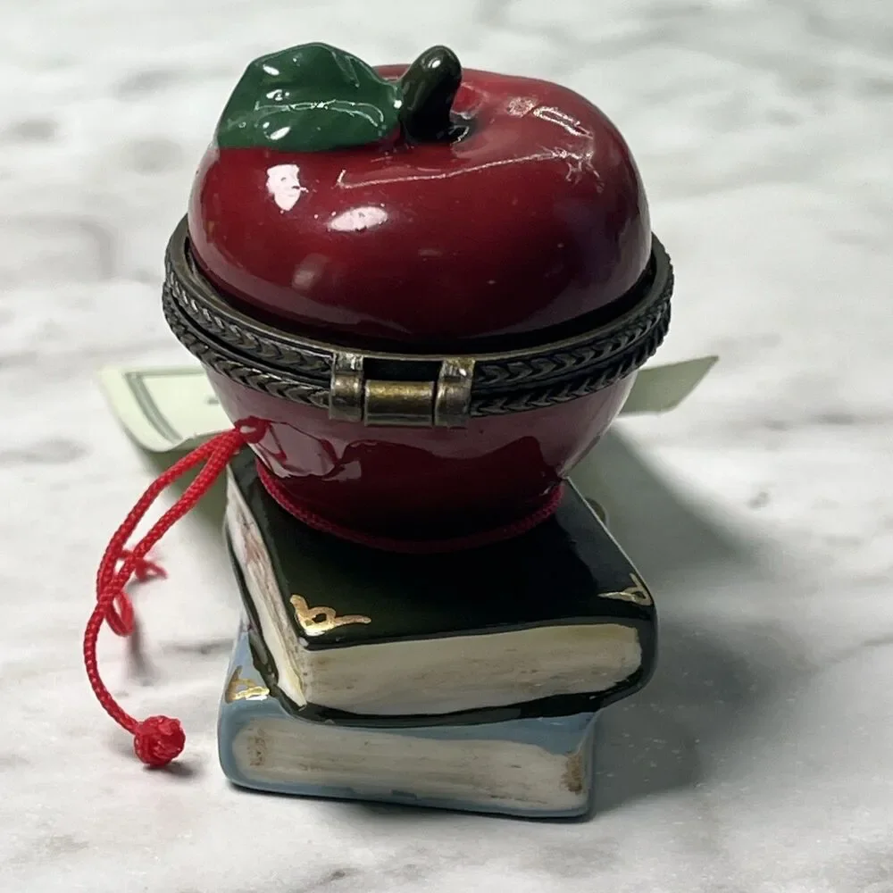 Ceramic apple & books ring or trinket box - Treasures Box teacher gift school